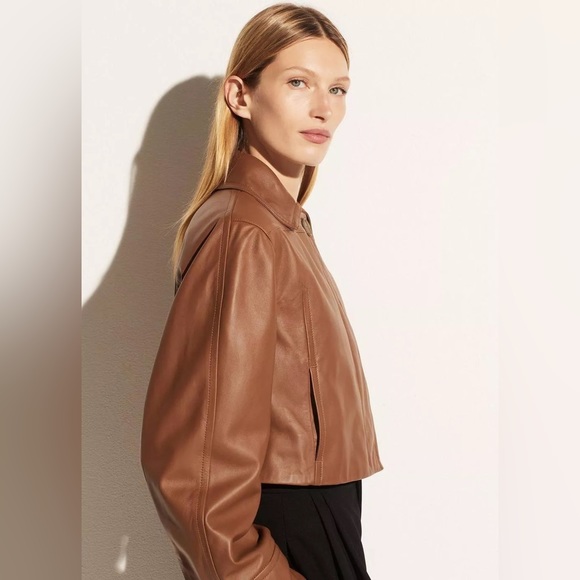 NWT $1250 Vince Cropped Leather Jacket In Fawn Size M - Picture 2 of 5